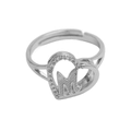 Silver open heart ring with cursive letter M and sparkling crystals on white background - Initial M (Silver Ring M) / Silver