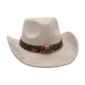 Light gray western cowboy hat with brown band and metal skull crossbones ornament - Gray