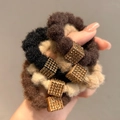 Elastic hair scrunchies with crystal-studded gold cubes in assorted earthy tones - Plush Mixed Colors Square Decor 5Pcs Set