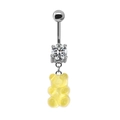 Detail view of a silver belly ring with round zircon and a yellow resin gummy bear charm - Yellow
