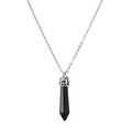 Macro detail of hexagonal black crystal pendant with textured silver cap on a chain - Blue Sandstone