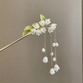 Pic à cheveux en bois de santal avec muguet blanc et élégants pompons dorés - Pic Métal Muguet avec Gland / Blanc Vert Or