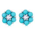 Pendientes de plata de ley 925 con diseño de flor, circonita y cuentas de turquesa - Pendientes de Botón (BSE601)