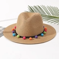 Cappello di paglia Panama con pompon colorati e fascia nera decorativa per le vacanze - M (56-58cm) / Cuoio