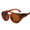 Steampunk round sunglasses with amber frames, brown lenses, and leather side shields - Tea Frame Tea Lens