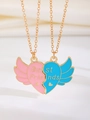 Golden friendship necklace with pink and blue enamel heart wings and Best Friends engraving - Pink Blue Angel Wings Style (N-187)