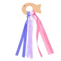 Fish-shaped beech wood baby teether with colorful purple and pink gradient ribbons - Fish