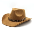 Brauner Western-Cowboyhut aus Wildlederimitat mit Leopardenband und goldener Schnalle - M(56-58cm) / Khaki