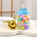 Blue cap milk bottle keychain with colorful beads, gold bell and star sequins - Bell Milk Bottle Style / Blue