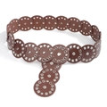 Dark brown leather disc belt with silver metal eyelets and retro punk style for women - Red Brown Silver