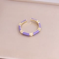Detailed view of bamboo joint ring with purple enamel and sparkling crystal accents - Adjustable Open / Purple