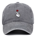 Vintage washed grey baseball cap with finger heart embroidery for outdoor sun protection - Gray