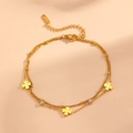 Dubbellaagse gouden roestvrijstalen enkelband met klaverhangers en zirkoniasteen - Armband (T503) / Goud