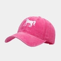 Close-up of rose pink baseball cap with white horse embroidery and curved brim - Adjustable / Rose Red