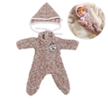 Detailed view of brown knit baby doll romper and hat set with brand logo badge - Brown Blend Knit Suit
