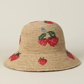 Close-up of handmade strawberry embroidery on premium woven raffia straw sun hat - M (56-58cm) / Strawberry Straw Hat