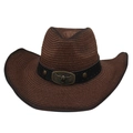 Classic dark brown woven cowboy hat with bull head metal buckle and vintage wide brim - Pentagram Bull Head With Wind Rope Style / Coffee