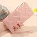 Pink long multi-functional women's wallet with heart embroidery and woven texture - Pink