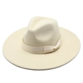 Classic wide brim wool felt jazz hat in cream white with decorative ribbon bow tie - M / Beige