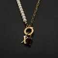 Elegant 14K gold plated stainless steel necklace with pearls and letter X pendant - Gothic Letter X
