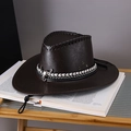 Dark brown PU leather western cowboy hat featuring silver bull skull and adjustable chin cord - Adult (55-60cm) / Black