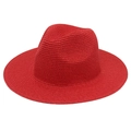 Detail of red woven Panama hat straw texture and classic Fedora crown structure - One Size / Red