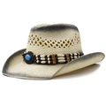 Western straw cowboy hat with turquoise bead band and vintage gradient brim - Adjustable / Beige Black Gradient