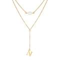 Gold double-layered Y-shaped necklace with white pearl and letter N pendant - Letter N Style (NC-1930G-N)