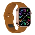 Montre connectée avec boîtier carré or rose et bracelet silicone marron sur fond blanc - Brun Foncé