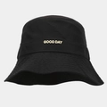 Detalle del sombrero de pescador negro con etiqueta de cuero 'GOOD DAY' y costuras - Talla única / Negro