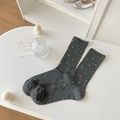Dark gray crew socks with white polka dots and delicate lace trim cuff for women - One Size / Dark Gray