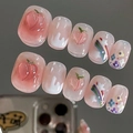 Short press-on nails featuring handmade peach, rainbow clouds, and floral jelly designs - Large (L) / Rainbow Peach