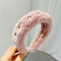 Detailed shot of pink plush headband with white pearl embellishments and soft texture - Pink (With Pearls)