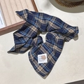 Plaid blue and beige fabric scrunchie with cute bear patch in Korean princess style - Blue Plaid Bear Tag