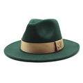 Detail of dark green wool fedora hat with khaki band and gold bee accessory - Dark Green