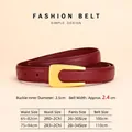 Size guide for burgundy cowhide belt with golden U-buckle and detailed dimensions - Gold Buckle Wine Red