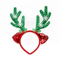 Christmas reindeer antler headband with green sequins and white snowflake decorations - Red Ear Green Sequin Antler (TK29GR)