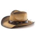 Chapeau de cowboy en paille dégradé marron avec large bord et badge métallique tête de taureau - M(56-58cm) / Peinture en aérosol kaki et café