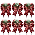 Set of 6 red black plaid Christmas bows with pine needles and berries decor - 1 Piece / White Edged Black and Red Plaid