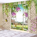 Arazzo 3D con vista finestra su lillà viola e paesaggio architettonico europeo - 150x130cm / Falsa Finestra Lillà Viola e Architettura Europea