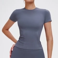 Slim fit seamless dark gray yoga t-shirt with ergonomic knit patterns for athletic wear - S / Blue Gray
