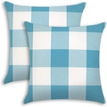 Set of two blue and white checkered cotton linen square pillow covers for sofa - 45*45cm (Pillow Not Included) / Sea Blue