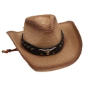 Detail view of the straw cowboy hat featuring a metal bull head badge and black leather band - Khaki Brown (Black Bull)