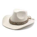 Detail view of beige suede cowboy hat with ethnic woven band and side-curled wide brim - M (56-59cm) / Off-white Suede