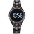 Waterproof LED digital watch with double-row rhinestones and black metal strap - Black