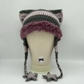 Handmade striped cat ear beanie in grey and pink with purple faux fur and star tassels - Purple and Green Striped