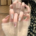 Handgefertigte Cat-Eye Kunstnägel in Rosa und Silber mit Glitzer und Strasssteinen - Extra Klein (XS) / 1210-Kurze Sargform Rosa Prinzessin