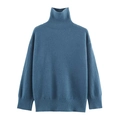 Women's minimalist navy blue turtleneck knitted sweater with loose fit and ribbed cuffs - S / Sapphire Blue