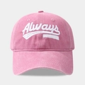 Detail of pink washed cotton baseball cap featuring white Always cursive embroidery - Pink