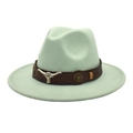 Detail of mint green wool fedora hat featuring a bull head leather band decoration - M (56-58cm) / Mint Green